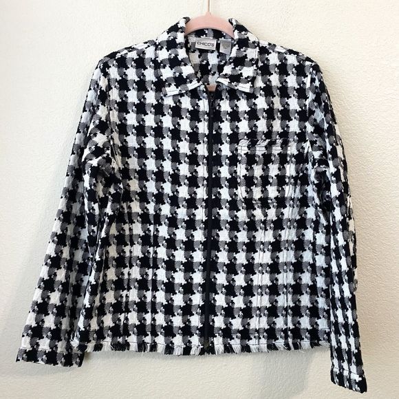 Chicos Cardigan Womens Size 1 Medium Fullzip Fray Trim Black White - Picture 1 of 7